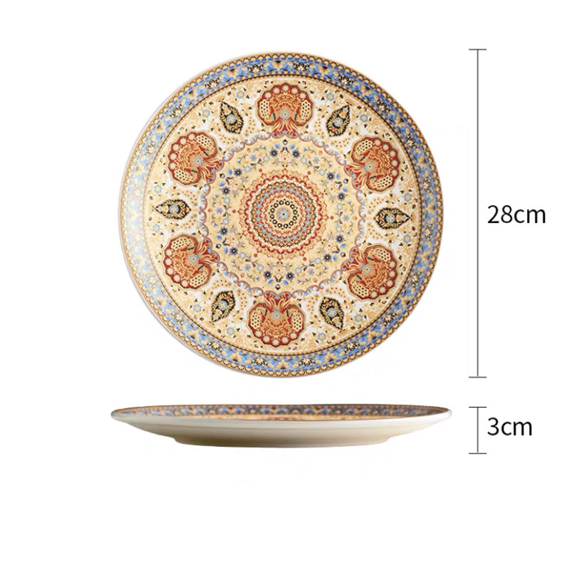 European Style Ceramic Bohemian Dinner Plate Hand Painted Dessert Fruit Plates Household Shallow Steak Dish Tableware: 11 inch E