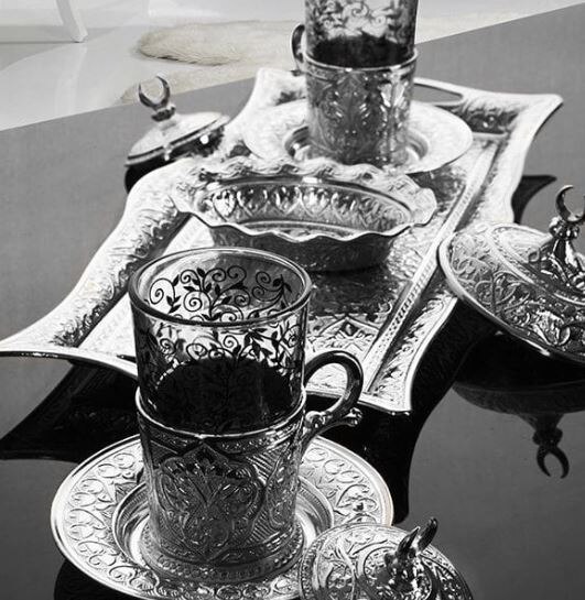 Tyrkisk sølv te sæt elleve stykke tesæt til to personligheder og præsentation rektangulær bakke og sukkerskål