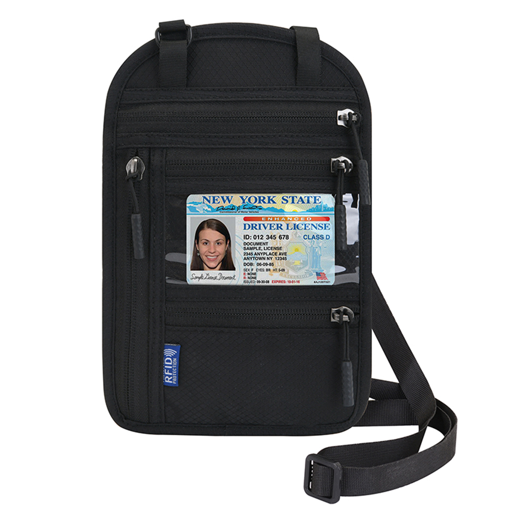 Sac de rangement pour documents de voyage, porte-passeport RFID ID, organisateur de cartes de crédit, bandoulière réglable, sangle de cou à utiliser pour unisexe: Black