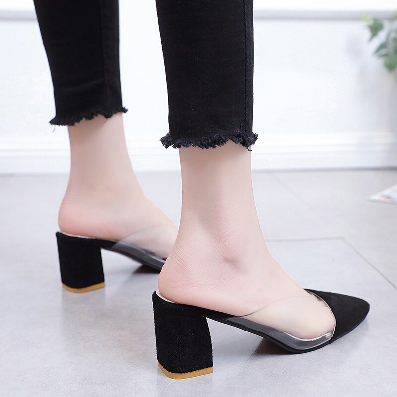 Square heel High heels slippers women summer shoes women Transparent Suede Comfortable Casual ladies shoes