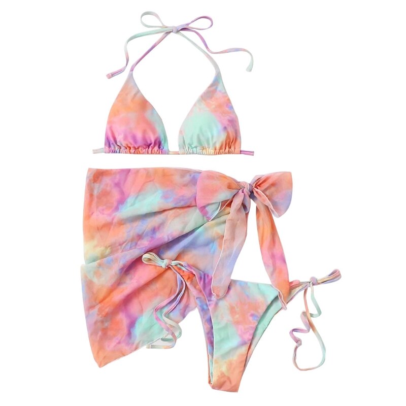Sexy mujer 3 piezas de estampado de arco iris Bikini conjunto de cuerda brasileño traje de baño con pareo cubierta falda para la playa lazo lateral: S