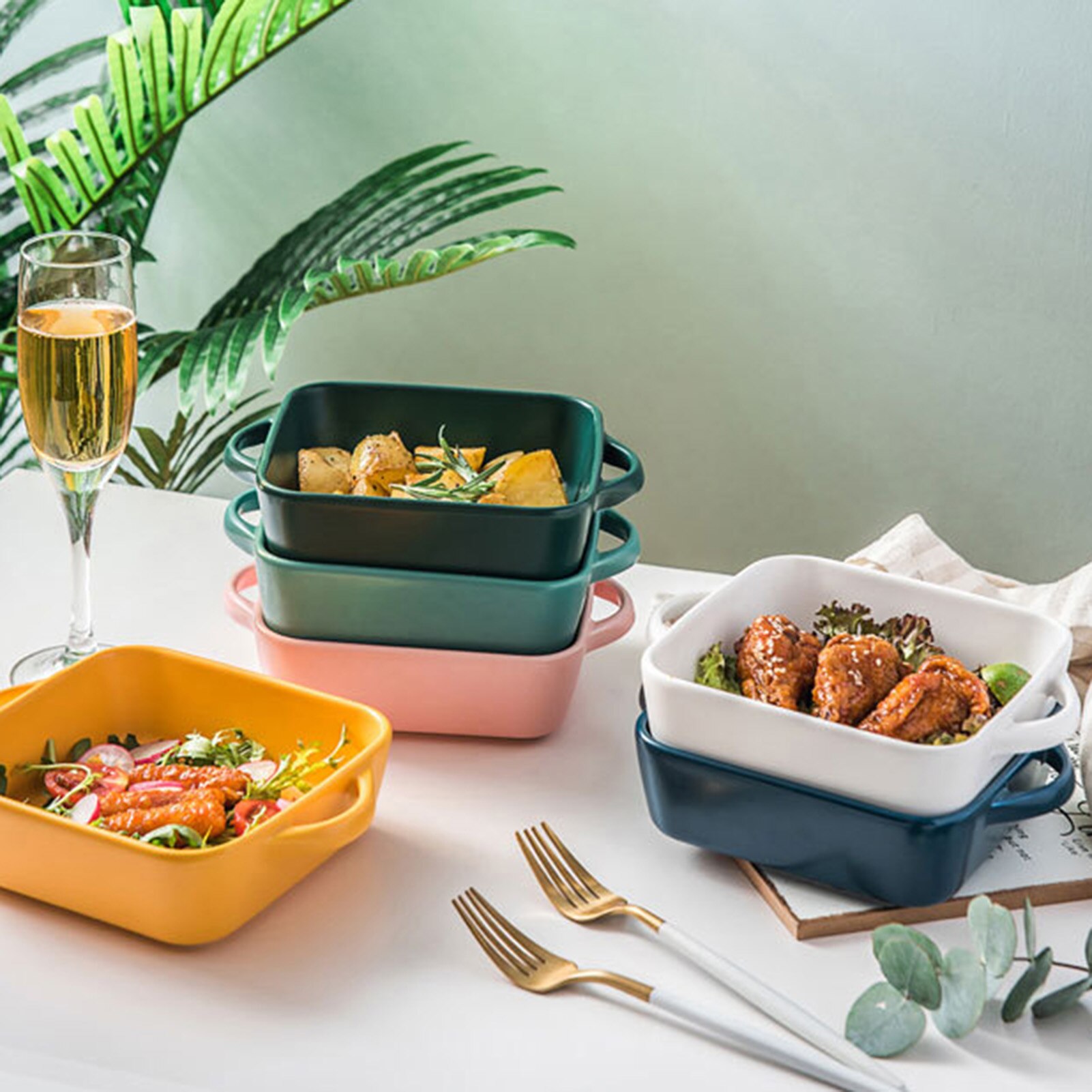 Ceramic color glazed binaural baking tray Simple pasta baked rice tray Barbecue grilled meat cheese tray Kitchen cooking tools