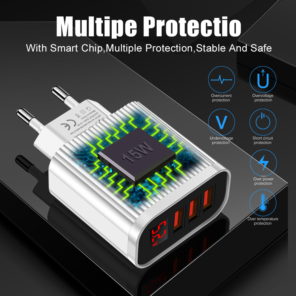 3 porty 5V 3.1A ładowarka USB szybka ładowarka z cyfrowym wyświetlaczem LED dla iPhone 12 11 XS Samsung Xiaomi telefon szybkie ładowanie