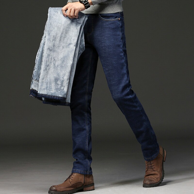 Vinterjeans mænd sort slim fit stretch tykke fløjlsbukser varme jeans afslappede fleecebukser herre plus size tøj