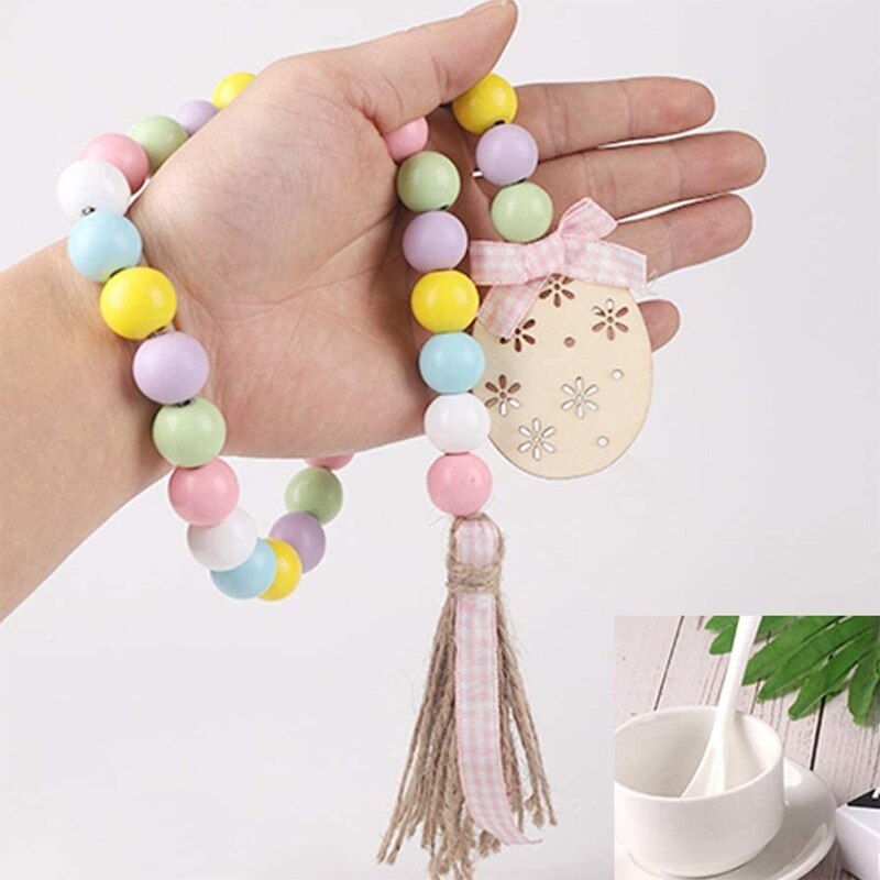 Spring Wooden Beads Garland with Tassels Easter Egg Bead Farmhouse Rustic Tiered Tray Decorations Country Decor
