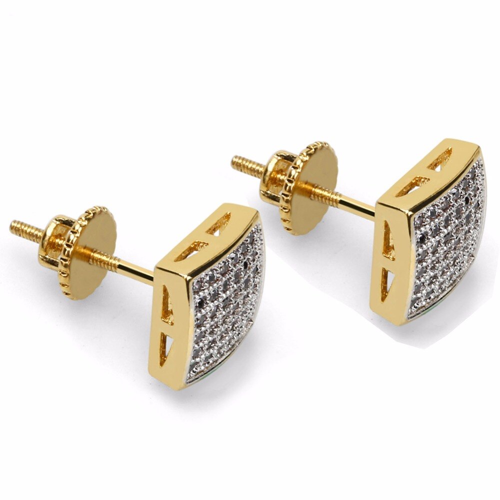 Mens Hip Hop Stud Earring AAA+ CZ Zircon Ice Out Bling Gold Color Copper Geometric Square Earrings Men Hiphop Rapper Jewelry