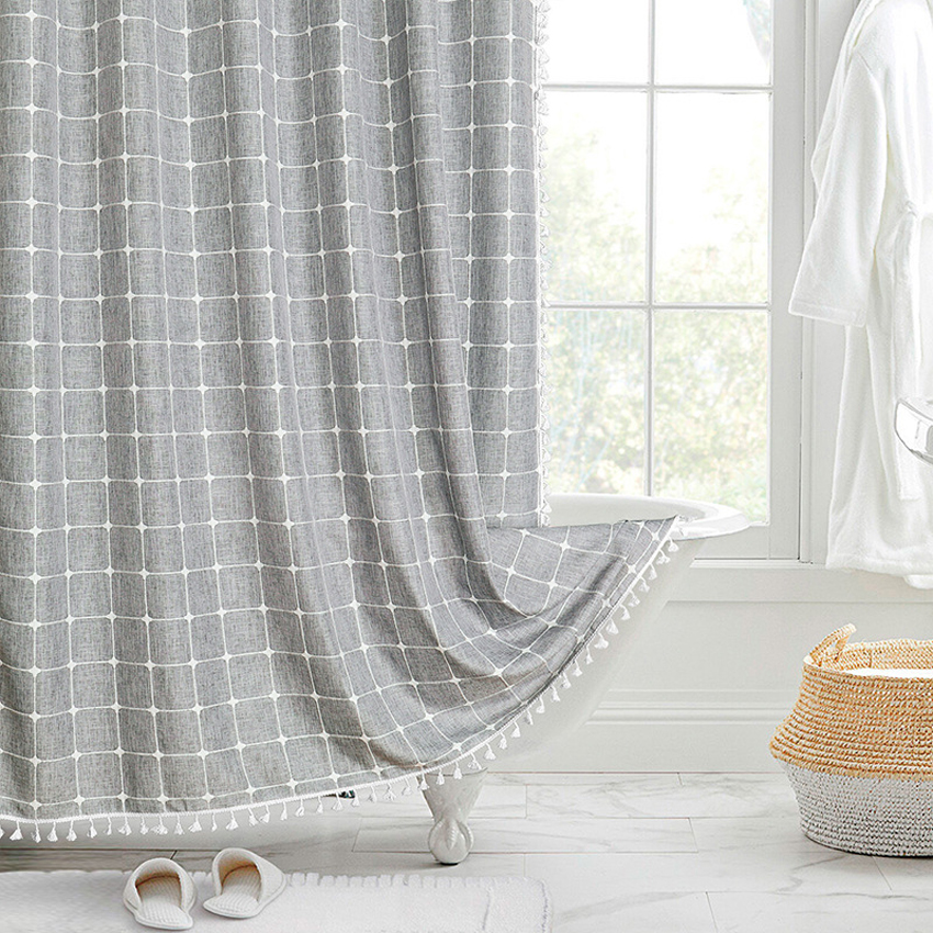 Jacquard-Leinen-Duschvorhang mit Quasten, nordische wasserdichte dicke Badvorhänge für Badezimmer, Badewanne, Badeabdeckung mit Haken: 180*230cm / Weiß