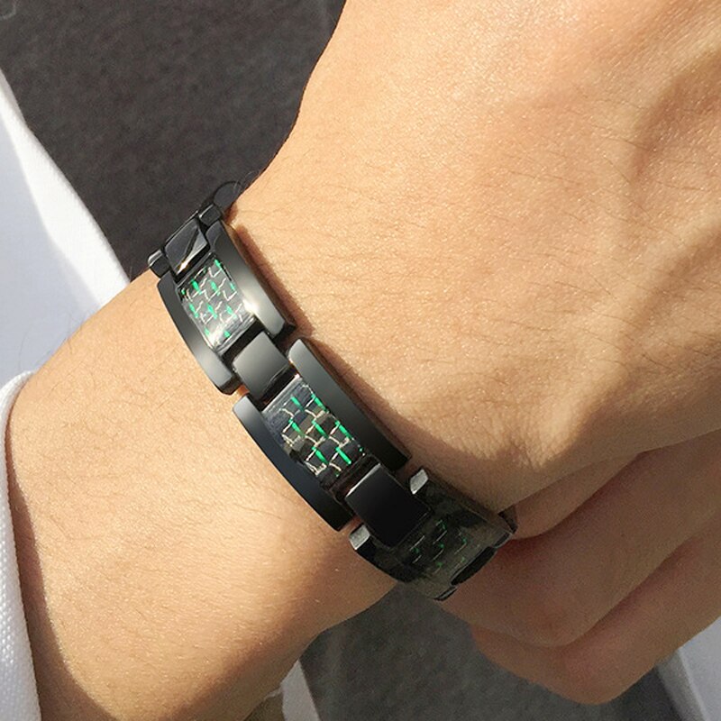 Mens Black Magnetische Armband Roestvrij Staal Energie Germanium Mannen 4 In 1 Armbanden Hand Chain Blue Carbon Fiber Hologram Bangle