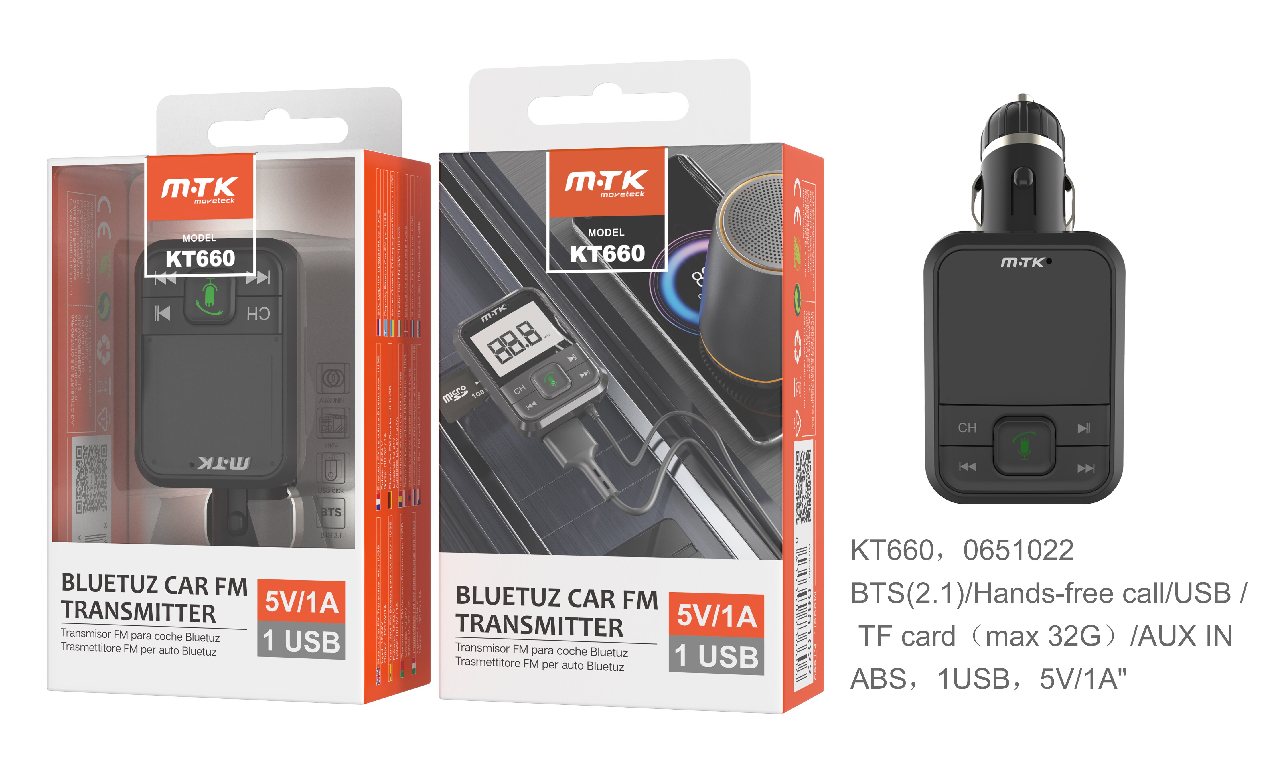Transmisor FM KT660 2 en 1 con cargador USB, Bluetooth/tarjeta SD/Audio, color negro