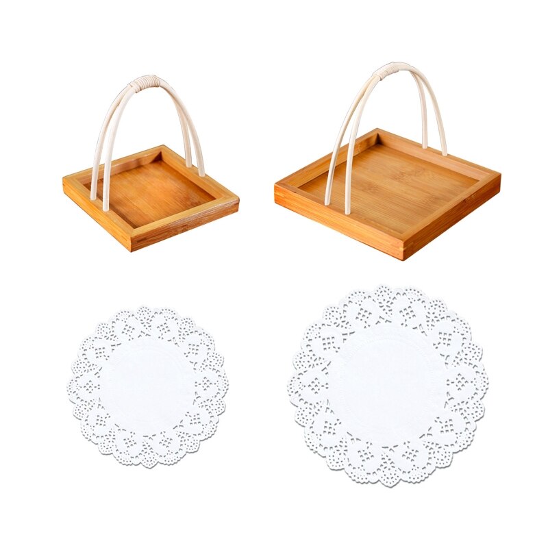Japanese Sushi Bamboo Basket with Handle Dessert Fried Food Serving Tray Snack Fruit Dish Plate Round Paper Doilies Ta