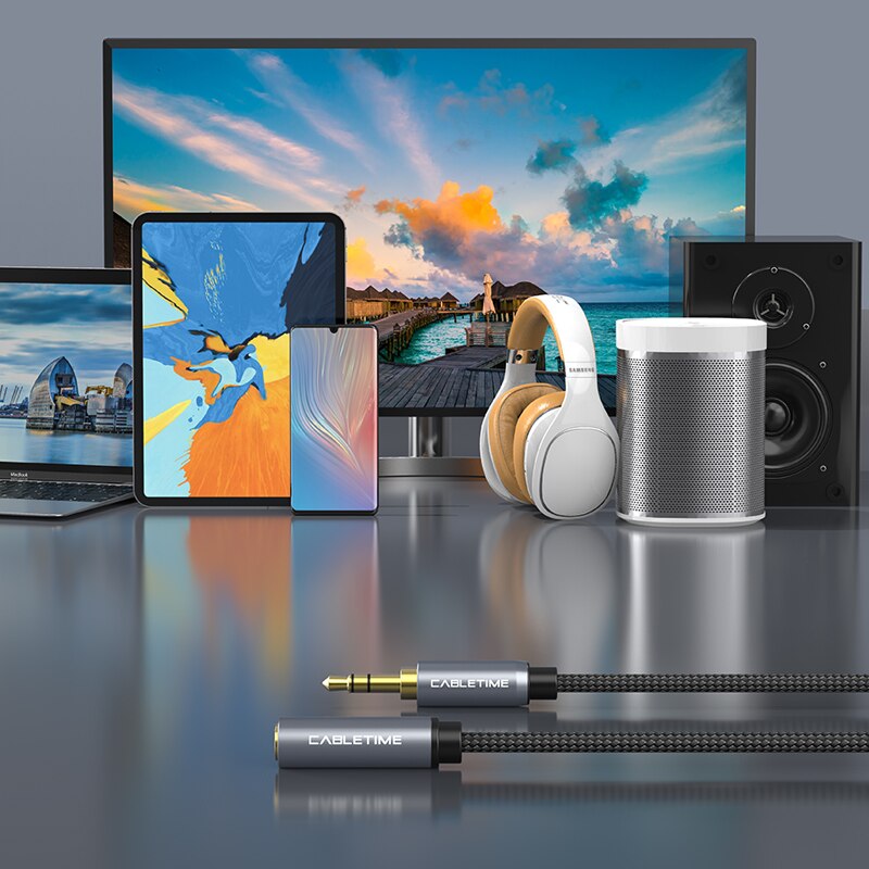 Cabletime 3.5 Mm Jack Hoofdtelefoon Upgrad Grey Audio Kabel Aux Verlengkabel M/F Voor Xiaomi Huawei P20 Versterker c104