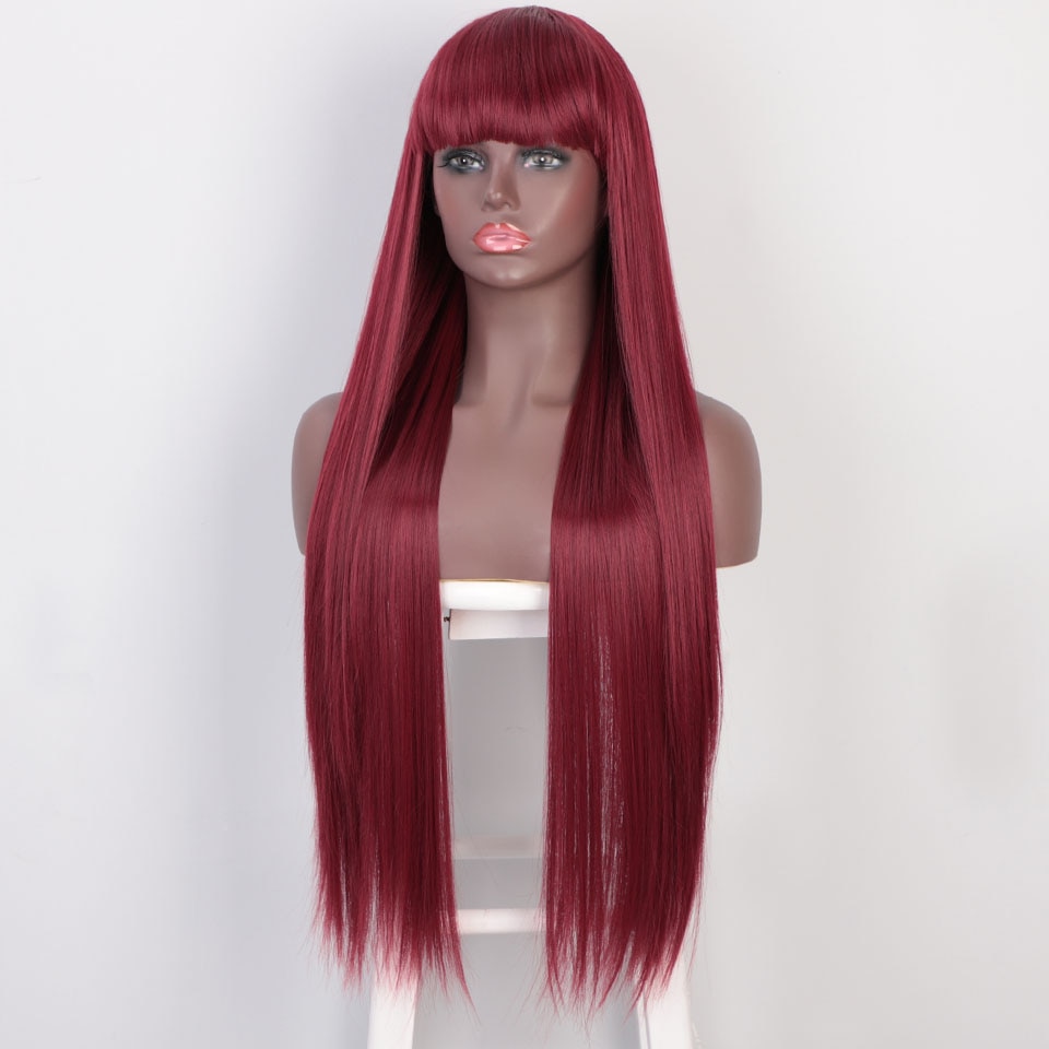 I's a wig peruca longa lisa preta com franja, para mulheres negras, peruca sintética vermelha marrom, moda diária, resistente ao calor, traje de cabelo