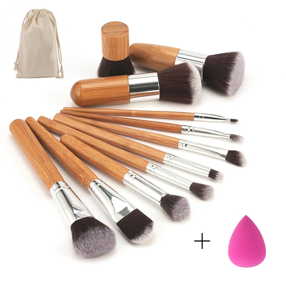 Skønhed makeup sæt bambus håndtag makeup børster øjenskygge concealer blush foundation børste + blandingssvampe pust