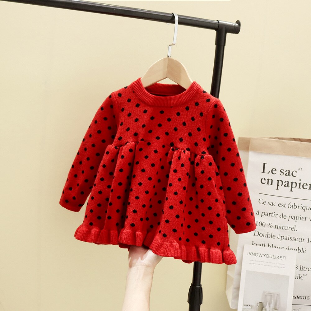 Baby Peuter Meisjes Swearter Jurk Xmas Stippen Jurk Met Lange Mouwen Herfst Winter Ruches Kleding Jaar Outfit: Red / 9m