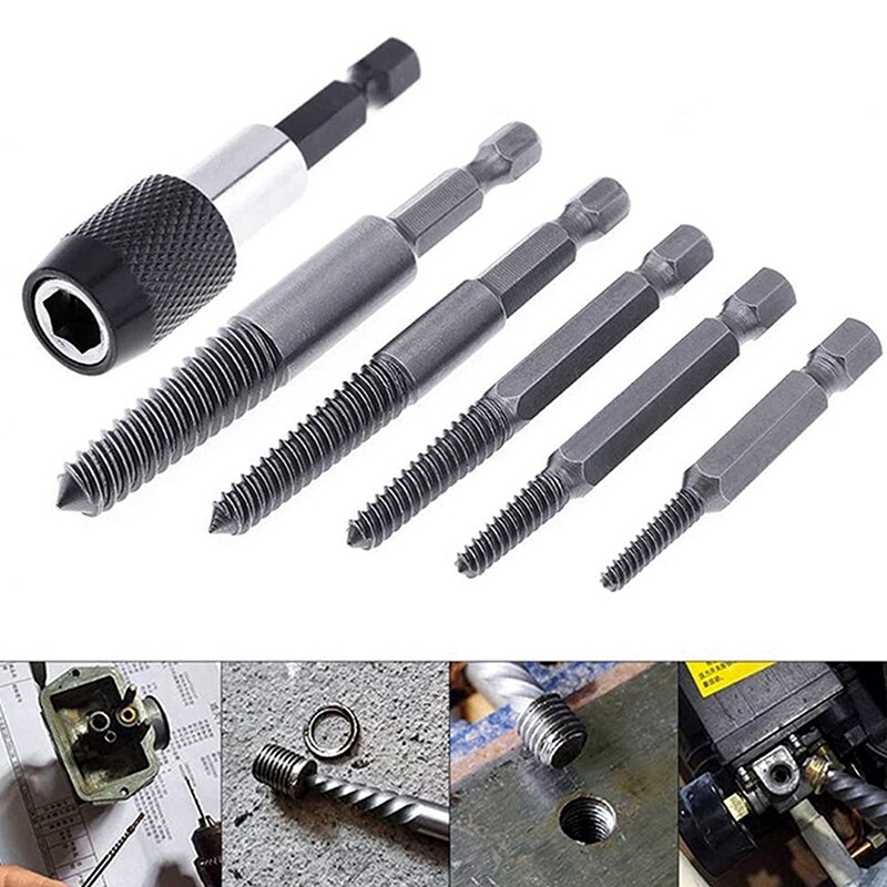 6 PCS Damaged Screw And Broken Bolt Extractor Set With 1/4 Quick Change Arbors Tool Kit Bad Screw Stud Remover