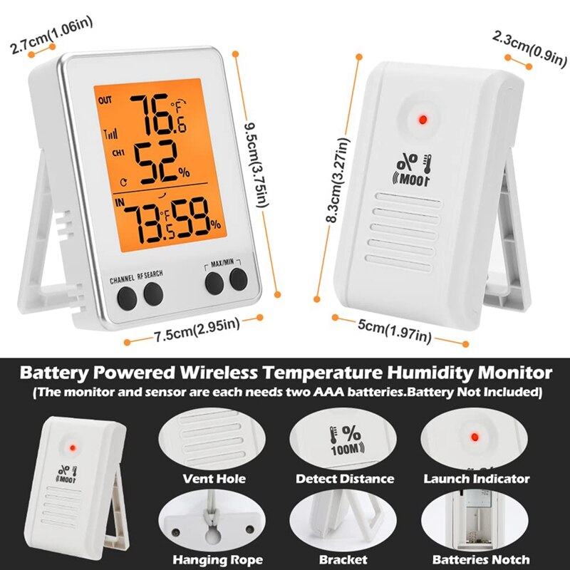 Draadloze Temperatuur Vochtigheid Monitor Met Sensor, Indoor Outdoor Digitale Weerstation Met Backlight Lcd Display