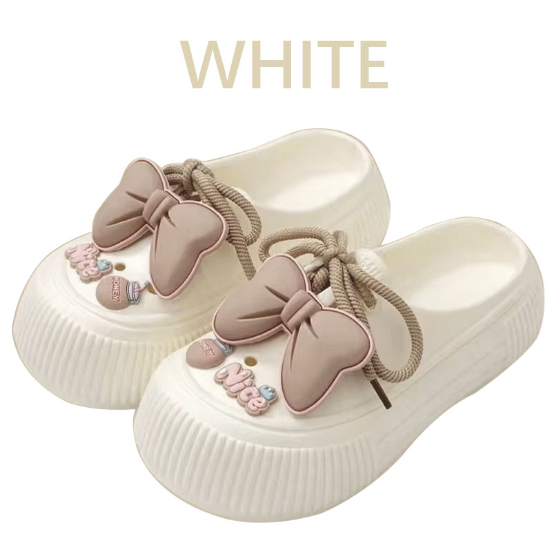 Precioso lazo zapatillas de mujer sensación de verano ropa exterior Eva suela gruesa hogar interior mujeres agujeros zapatos sandalias playa jardín zapatos: Beige / 3