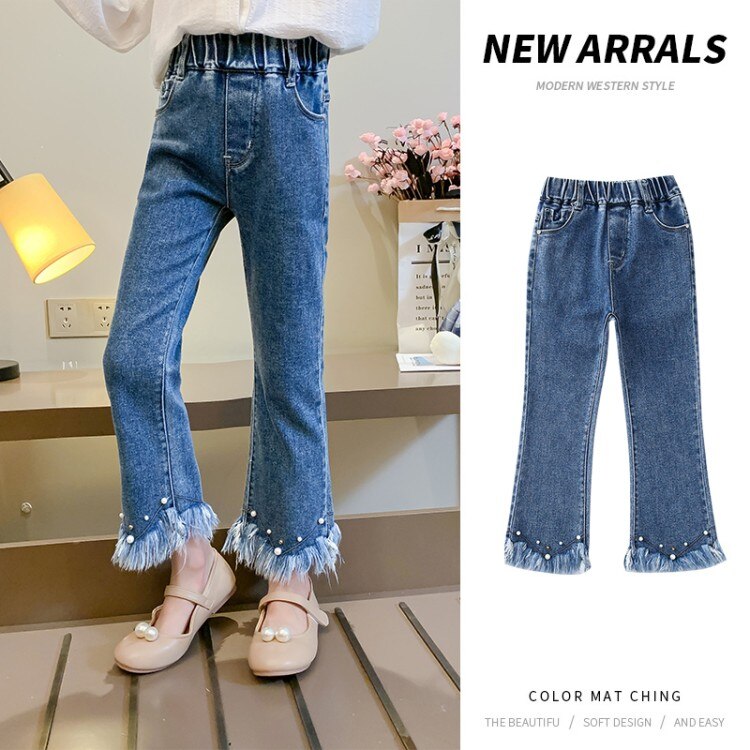 Printemps adolescente solide Jean botte coupe perle décoration Jean pour filles décontracté enfants pantalons enfants automne vêtements 4 6 9 12 14 ans