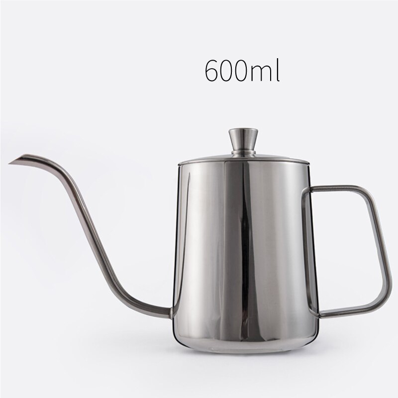 Drip Kettle 600/350/240ml Coffee Pot Non-stick Coating Food Grade Stainless Steel Gooseneck Drip Kettle Swan Neck Thin Mouth: 600ML Silver