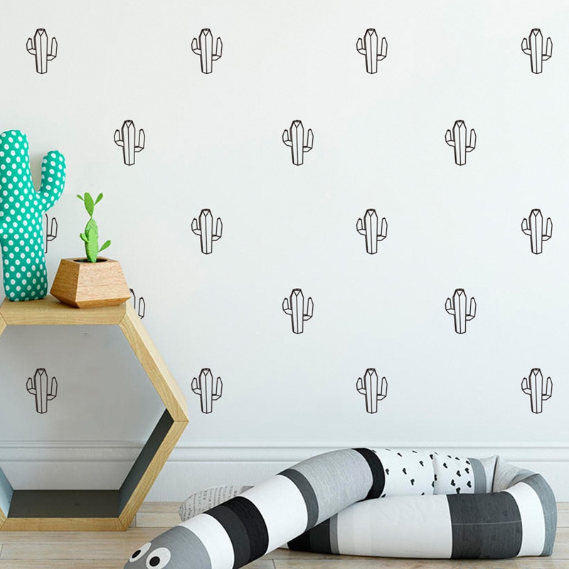 24pcs Geometric Cactus Wall Stikcers PVC Home Living Room Wallpaper Nursery Girl Boys Room Three-dimensional Plant Wall Decals