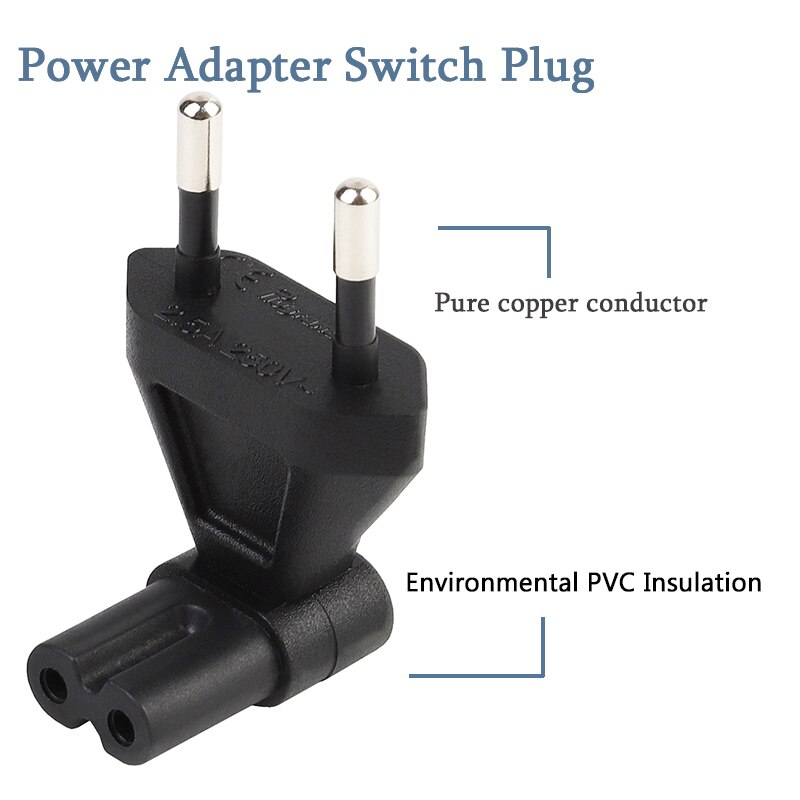 2-Pin Eu Male To Iec 320 C7 Female Ac Adapter 2.5A Fuse, Eu Industrial Heavy Power Converter