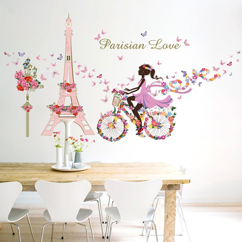 Smuk blomst fe pige cykel eiffeltårnet kærlighed sommerfugl boligindretning wallsticker piger baby børneværelse dekoration vægmalerier