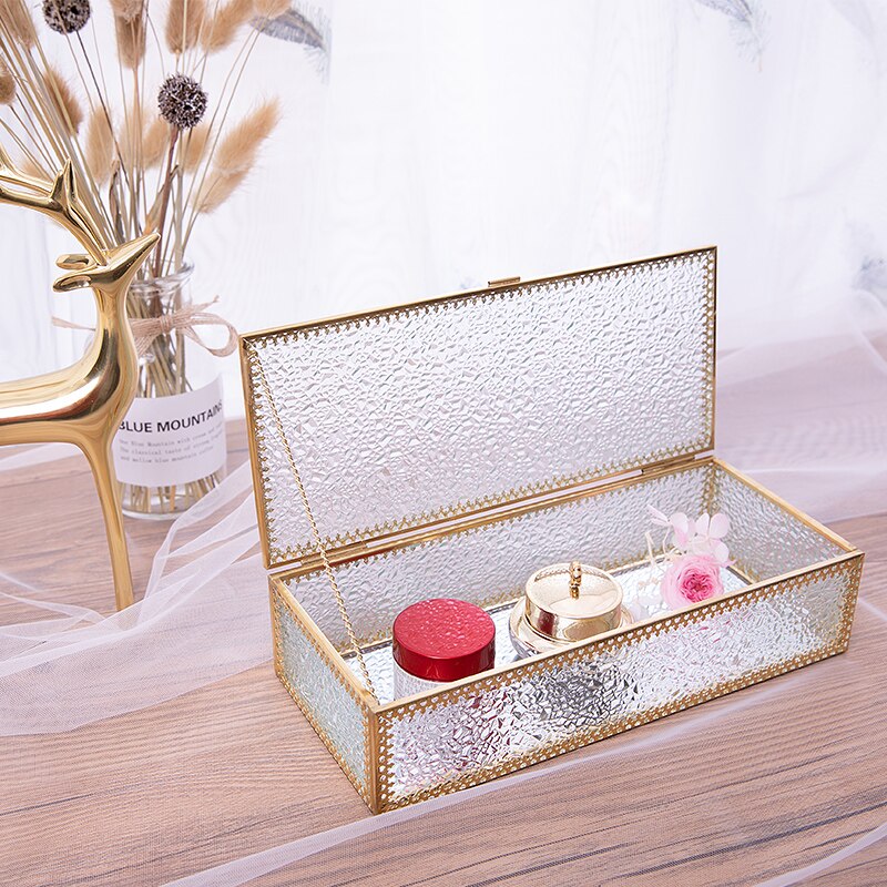 Gyldent glas smykkeskrin makeup kosmetisk arrangør ur læbestift display stand smykker øreringe opbevaring tilbehør æske