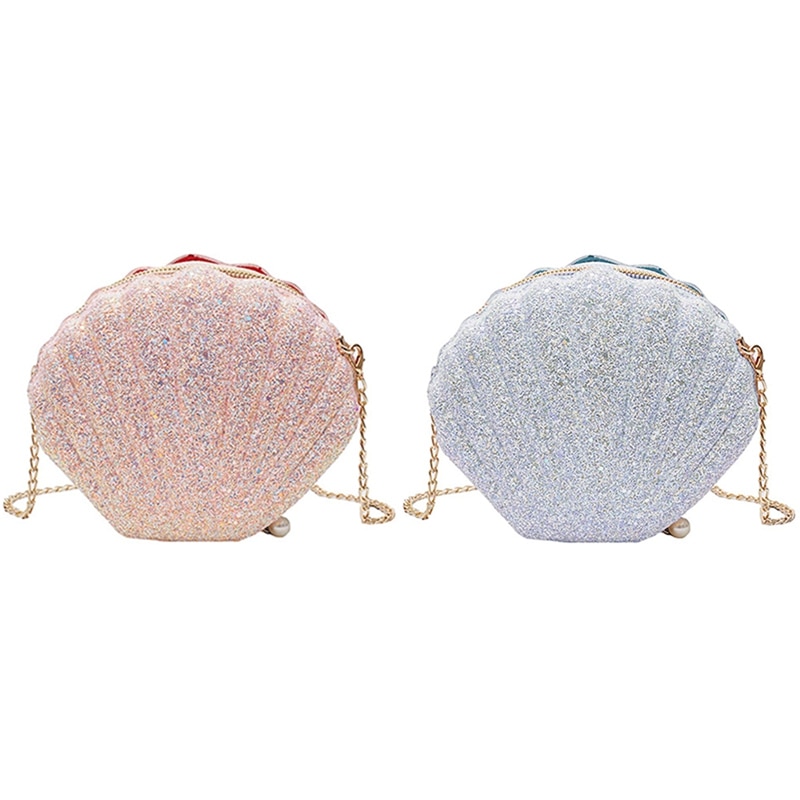 2Pcs Women Girls Little Mermaid Seashell Purse Cross-Body Shoulder Bags Glitter Sequins Chain Evening Purse, Pink & White