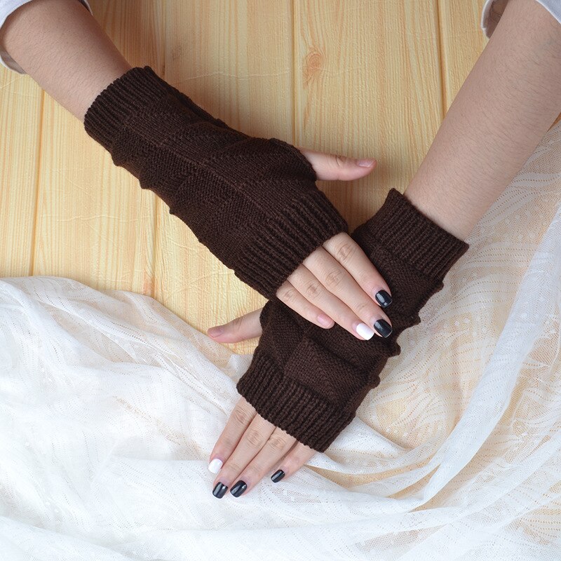 Strikket hæklet lange fingerløse vanter ensfarvet kvinder vinterhandsker håndled arm hånd varmere uld strikning arm handsker: Kaffe