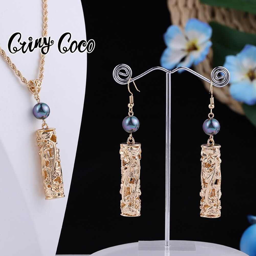 Cring Coco Earrings Necklace Set Hawaiian Polynesian Samoa Gold Hollow out Pearl Pendant Necklace Jewelry Set for Women