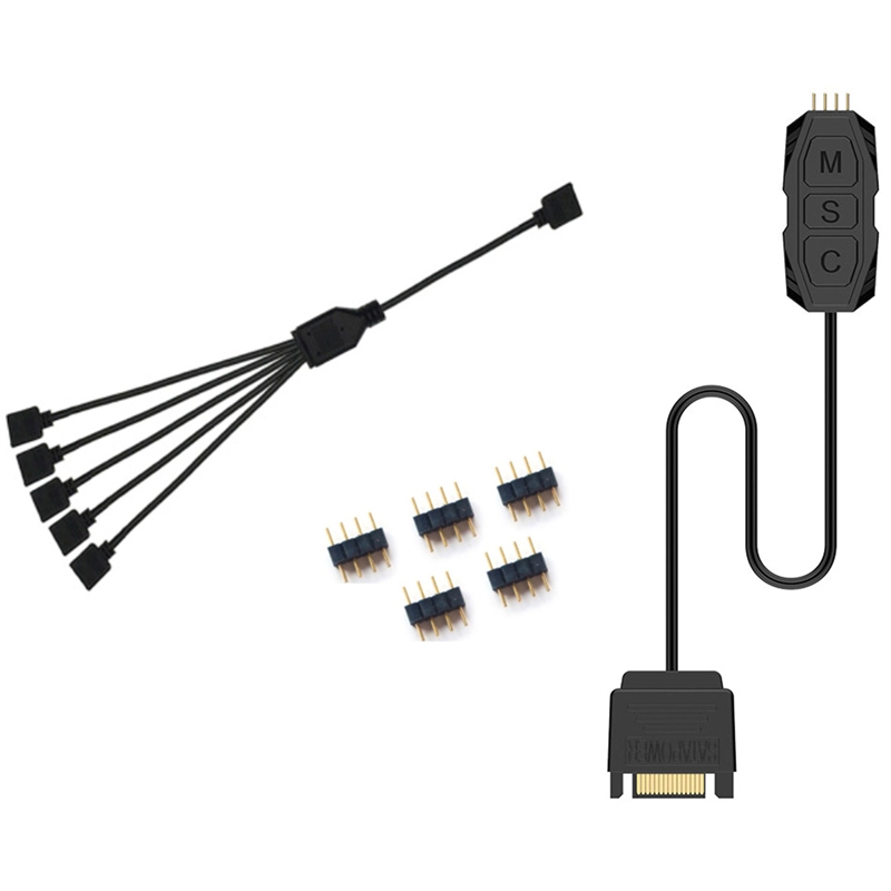 SATA 12V 4Pin RGB AURA 3 Button Controller with 5 Splitter Hub Adapter Cable for RGB Strip Lighting Fan Cooler