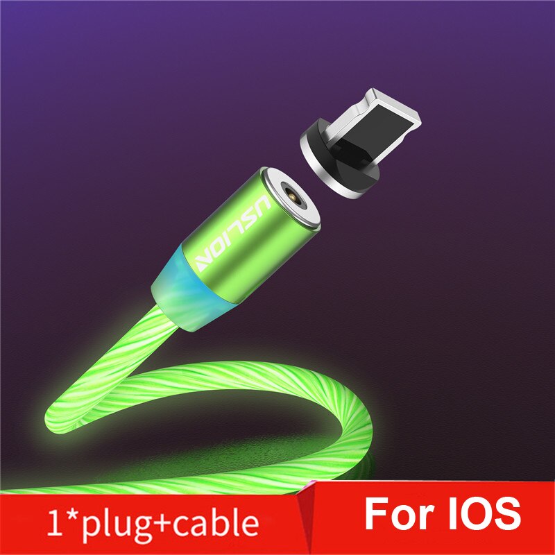 Cabo usb magnético de led uslion para celular, fio para carregador com micro usb tipo c para carregamento rápido para iphone samsung s10: Green For IOS