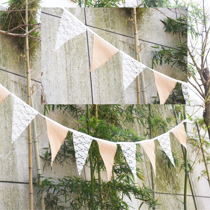 Gelukkig Gewoon Huwelijk 3.3M Bruiloft Decoratie Vintage Verjaardagsfeestje Decoraties Jute Linnen Kant Bunting Vlaggen Wimpel
