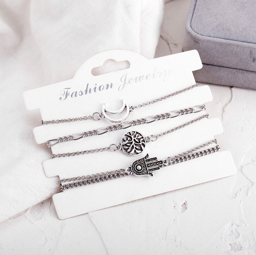 Bracelet Anklet sets 5pcs/set Hand Tree Leaf Moon charm metal chain silver color plated Figaro O chain Women