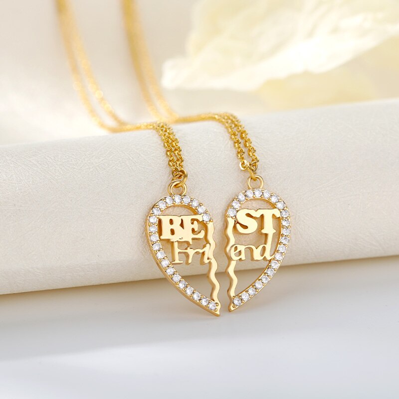 2 pieces zircon spliced love heart necklaces for women stainless steel gold letter best friend necklace boho jewelry friendship