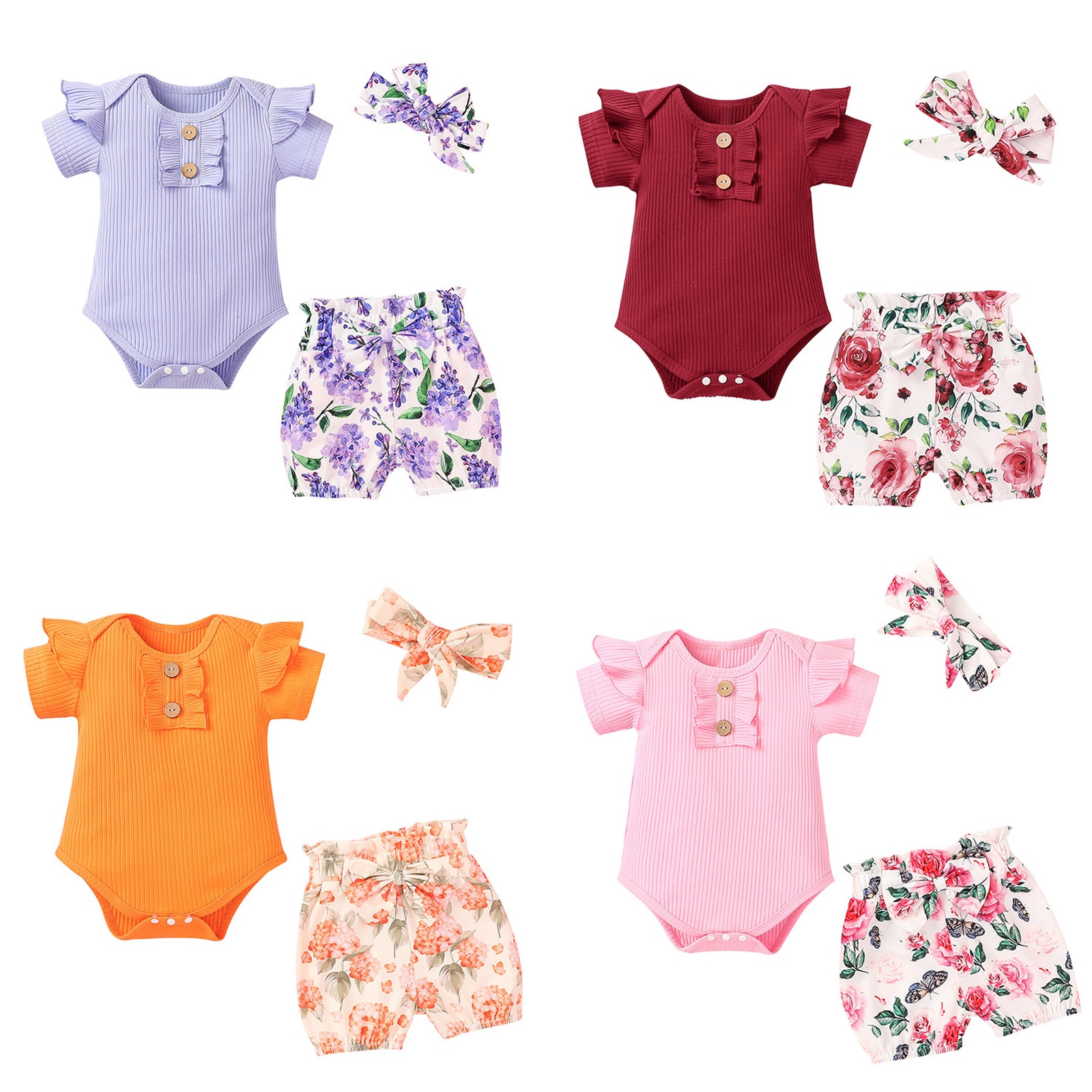 Vêtements d'été à la pour bébés filles, barboteuse à manches courtes à volants + Short imprimé floral + ornement de cheveux à nœud, 3 pièces