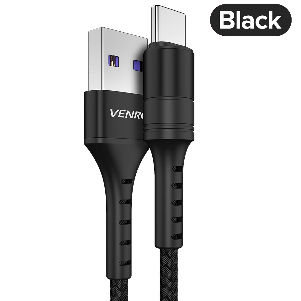 Cabo usb tipo c 5a venroii, fio de celular para carregamento rápido de huawei mate 20, p30, p20 pro, honor 20 10 8 v10 cabo usbc: Black / 2 m