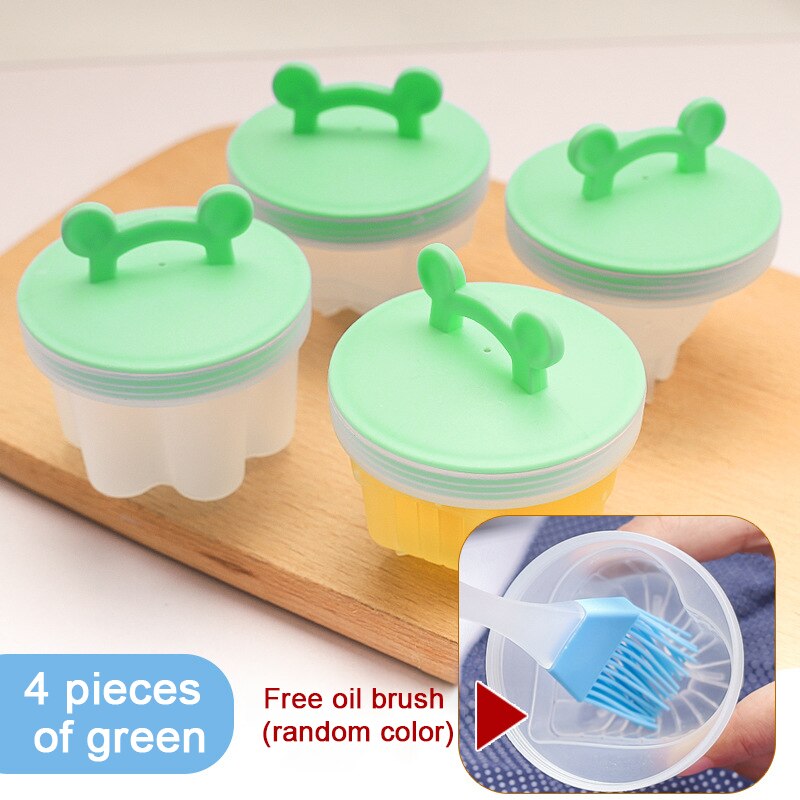 4 Pcs/Set Cute Egg Boiler Plastic Egg Poacher Set Kitchen Egg Cooker Tools Egg Mold Form With Lid Brush Pancake Maker: 4PCS green