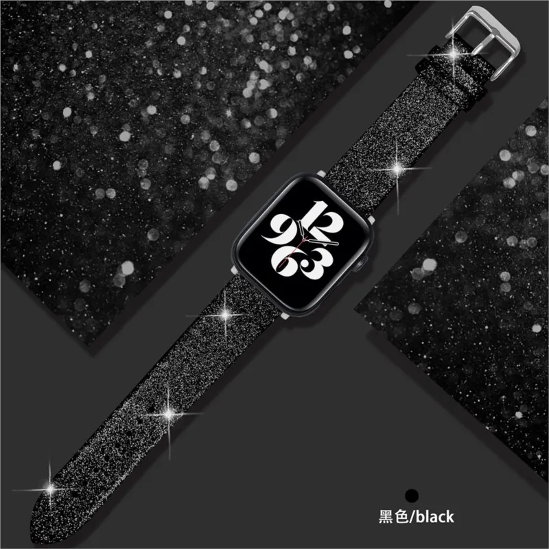 Glitter Leather Strap for Apple Watch Band 44mm 40mm 42/46mm Ultra2 49mm 41mm 45mm sport Bracelet iWatch Series 10 9 8 7 8 6 5 4: S / Antique Black