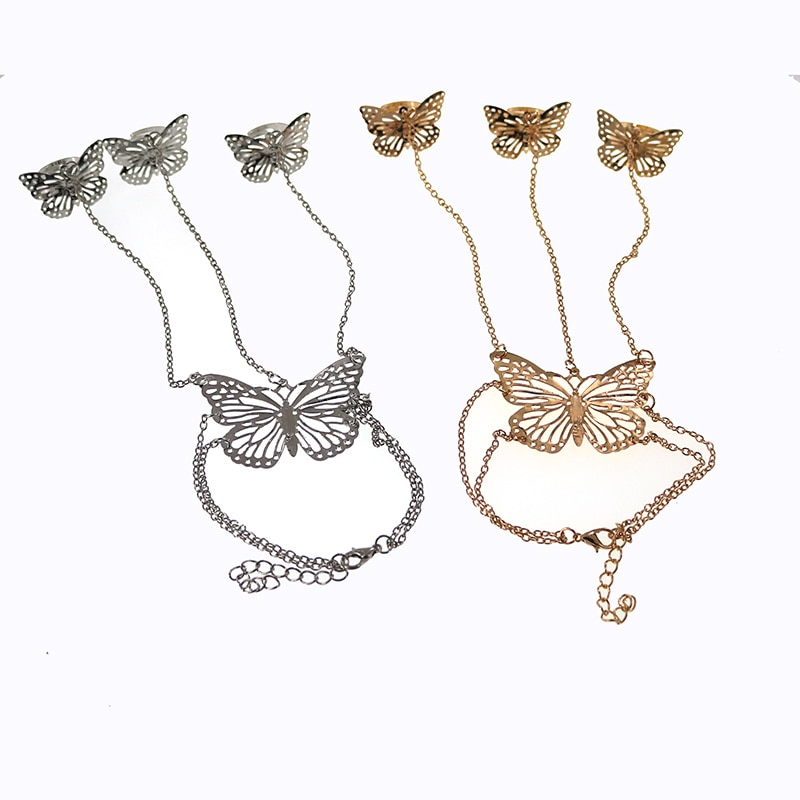 Butterfly Adjustable Gold/Silver Plated Bangles& Bracelets with Finger Ring for Women Arm Cuff Bangles Femme Jewelry