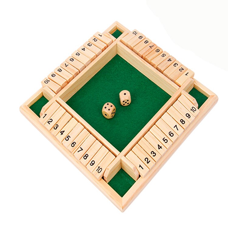 Shut The Box Dice Board Game 4 Sided 10 Number Wooden Flaps & Dices Game Set for 4 People Pub Bar Party Supplies: Green