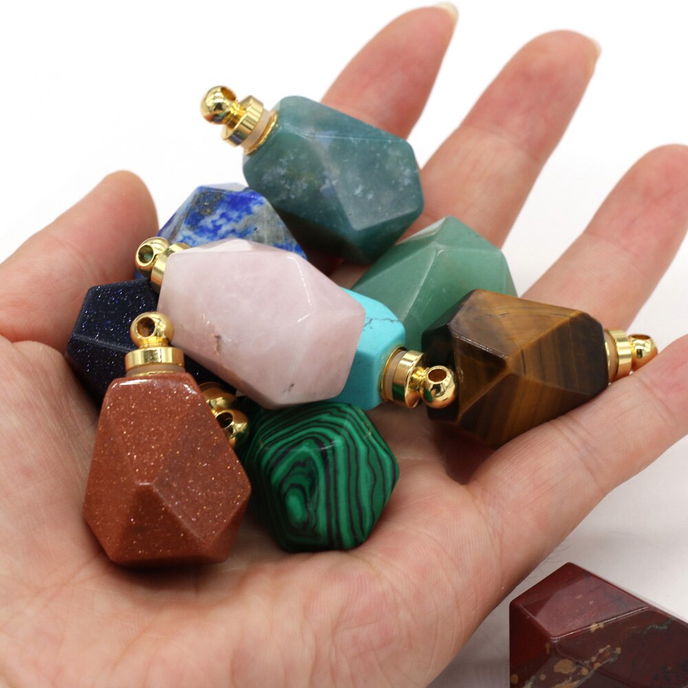 Natural Gem Stone Faceted Perfume Bottle Pendant Quartz Agates Essential Oil Diffuser Charms for Jewelry Making Necklace 25x37mm