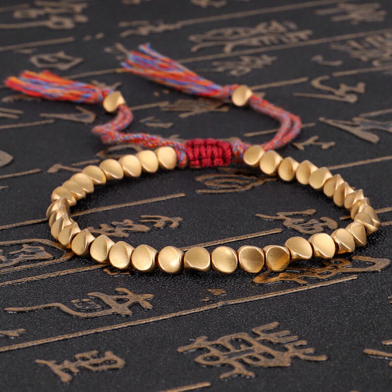 Pulseira tibetana feita à mão de cobre com miçangas, para mulheres, corda ajustável, pulseiras masculinas, cor dourada trançada, boho, joia vintage, presente: Muticolor