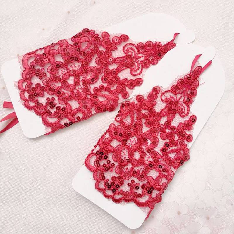 Guantes de Boda sin dedos, rojos y blancos, encaje con cuentas para accesorios de boda para novia puesta en escena