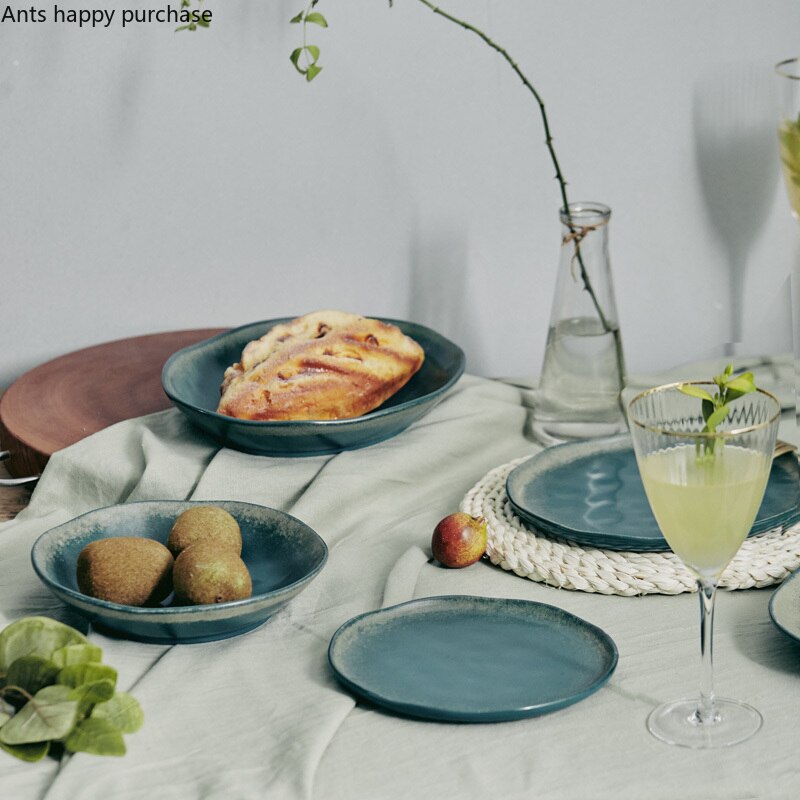 Green Irregular Dinner Plate Oval Fish Plate Dishes Steak Plate Home Restaurant Decorative Tableware Dishes and Plates Sets