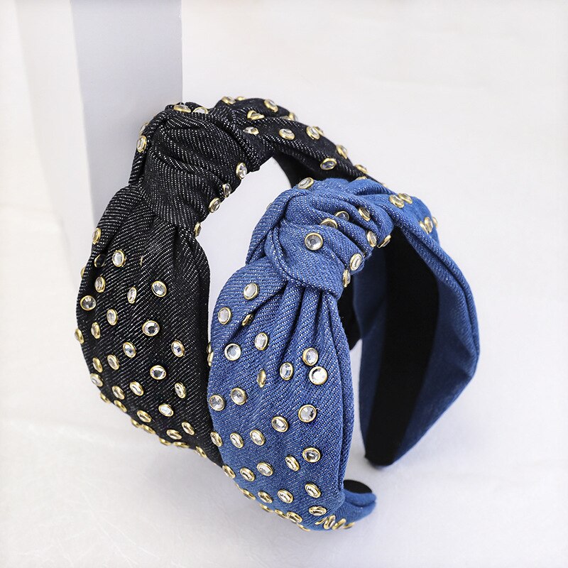 Mode Blauwe Haarband Voor Vrouwen Winter Haaraccessoires Denim Hoofdband Metalen Decoratie Haarband Tulband Voor Volwassen
