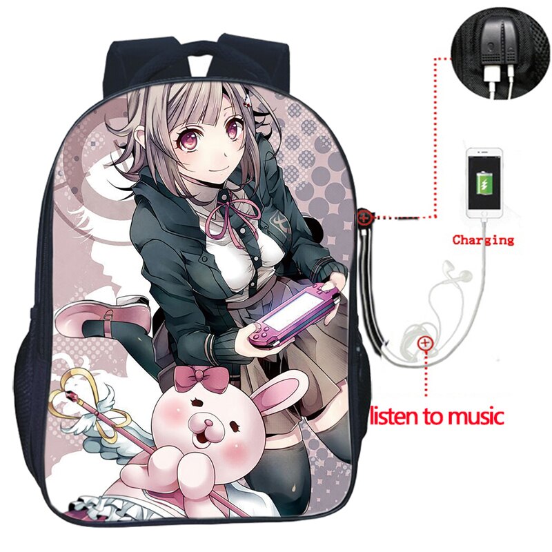 Danganronpa-mochila con carga USB para hombre y mujer, morral escolar de , bolso de viaje a la , mochila bonita para estudiantes: 2