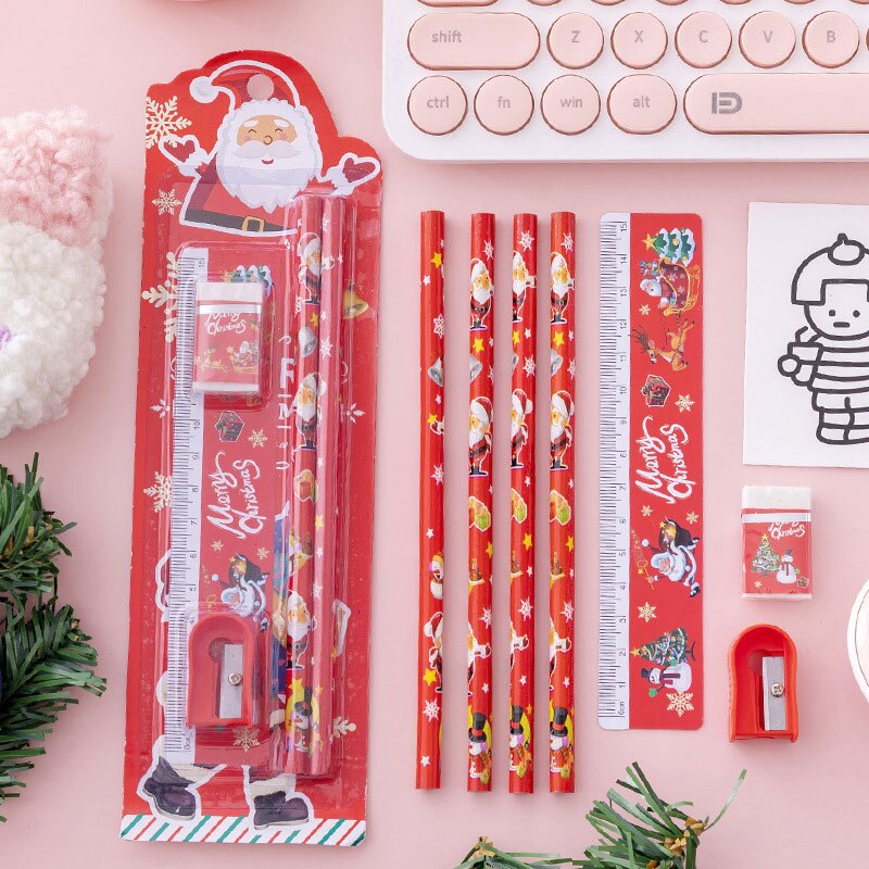 5Pcs/Set Christmas Stationery Set Cartoon Pencil Ruler Eraser Pencil Sharpener Kids Kindergarten Pupil Student School SA
