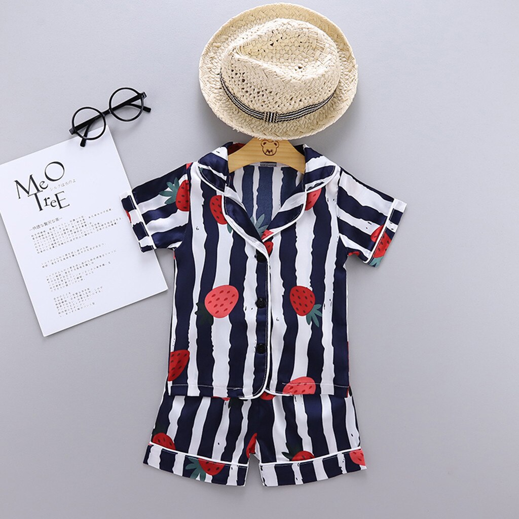Ensemble de pyjamas pour enfants à rayures aux fraises ensemble de pyjamas pour enfant en bas âge garçon fille à manches courtes hauts + shorts pyjamas vêtements de nuit: Bleu marine / 3M