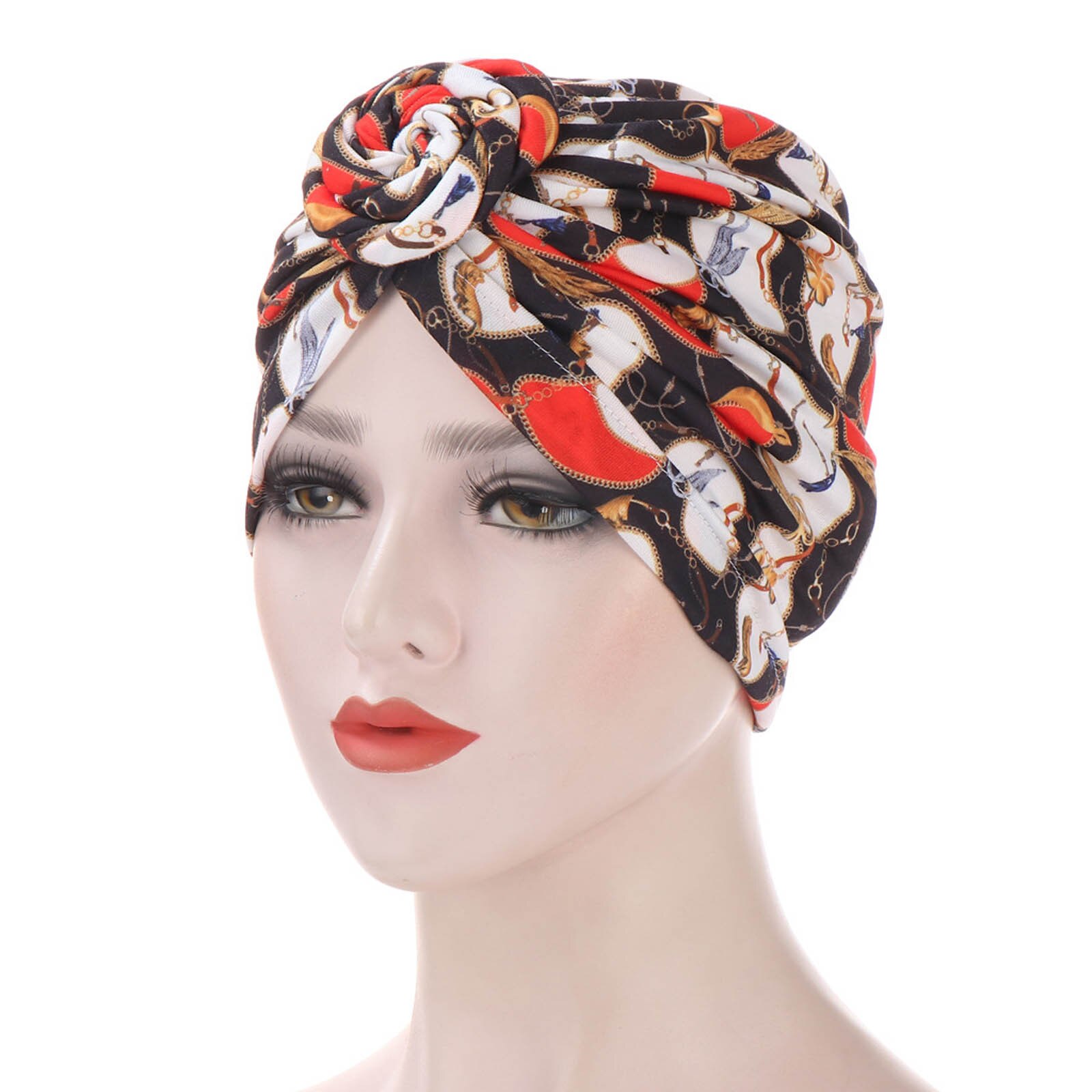 2020Fashion Women ethnic style hat scarf turban headgear cap printed Indian hat Baotou hat Muslim bottom cap mondkapjes wasbaar: Red 